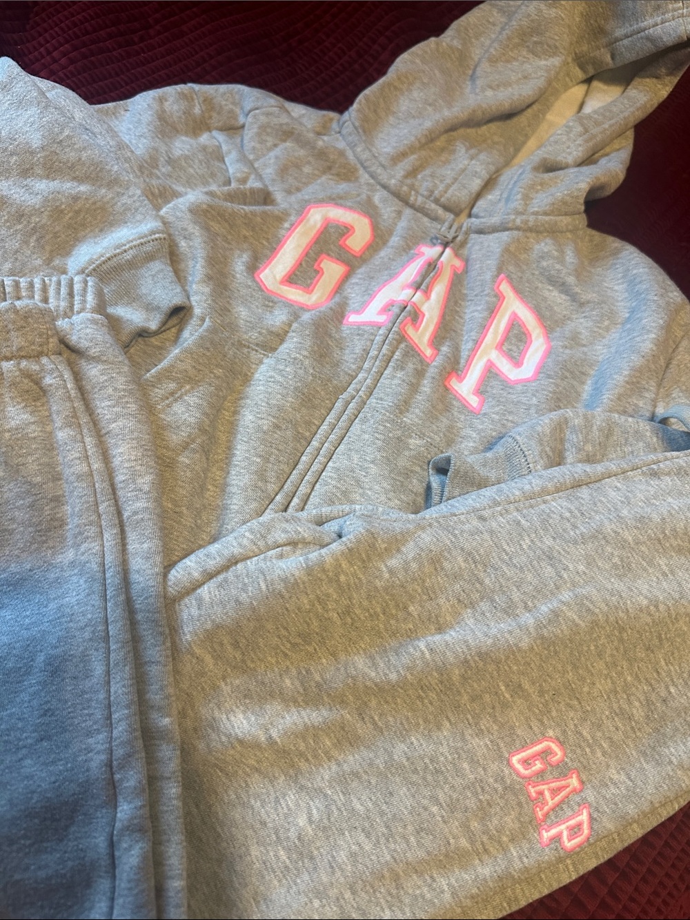 GAP Kids Light Gray Sweatpants & Hoodie with Pink Trim